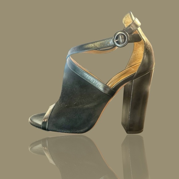 Aquazzura Black Leather ‘Issa’ Chunky Heel Peep-Toe Sandals Size 8.5 - Picture 4 of 14